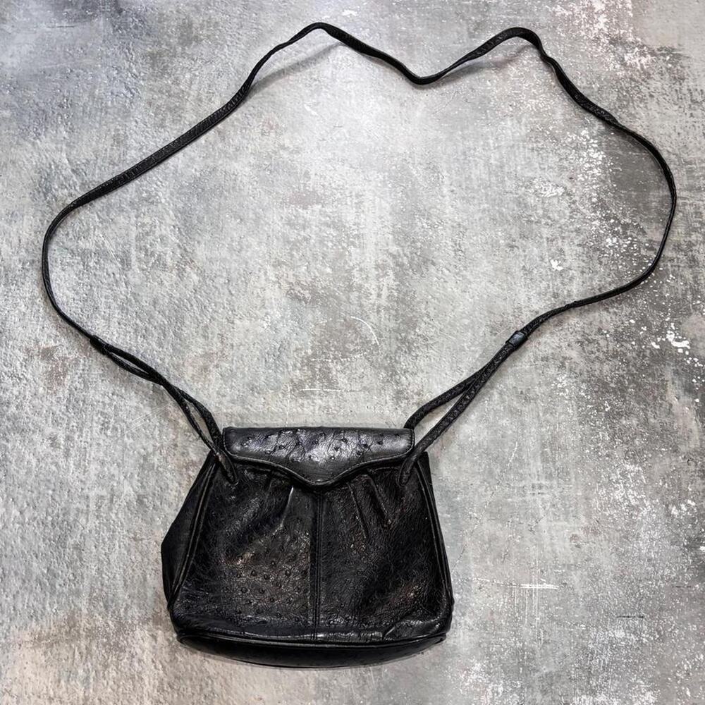 Vintage 90s Black Ostrich Leather Crossbody Bag! Goth Streetwear